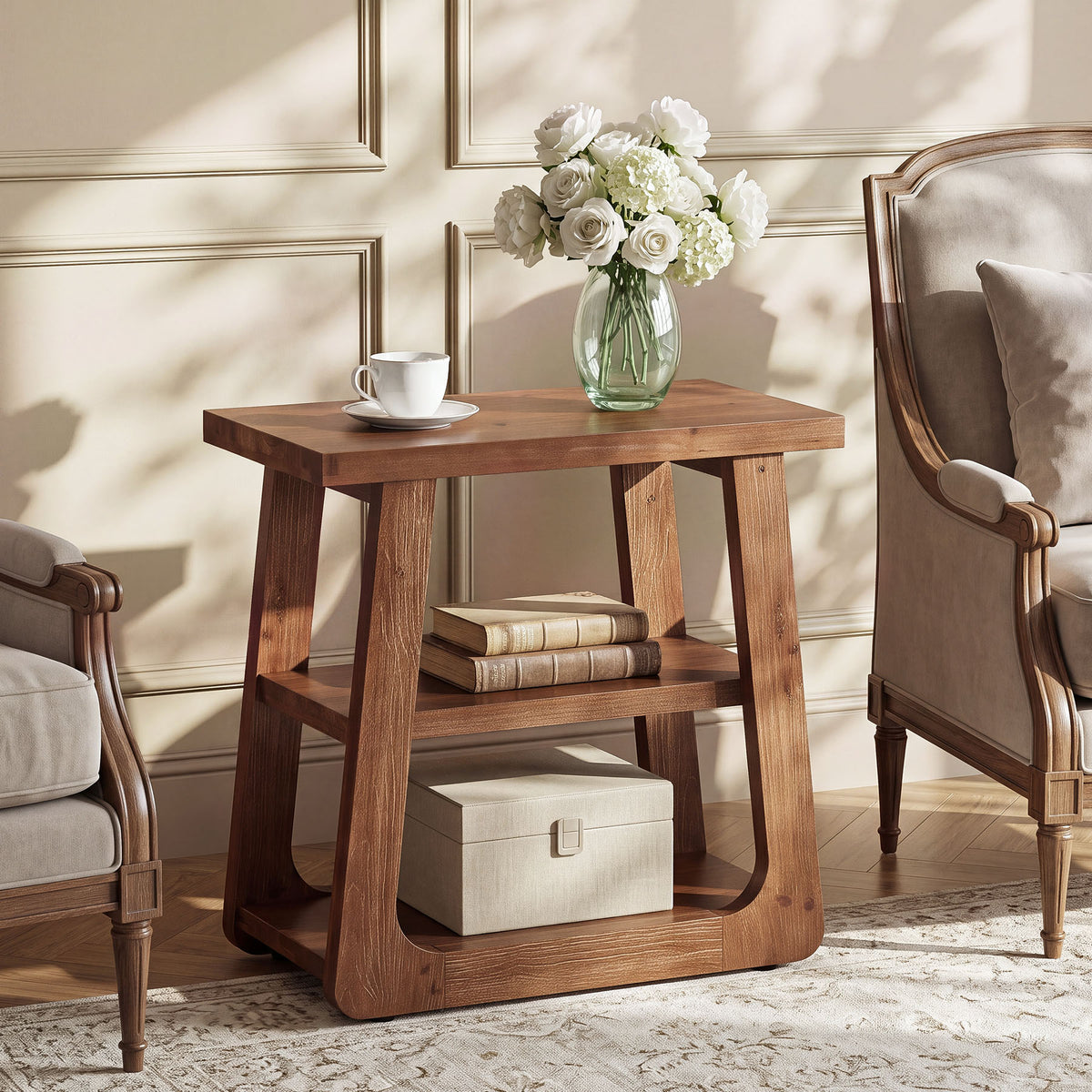 50cm Side Table, Farmhouse 3-Tier Solid Wood End Table for Small Spaces