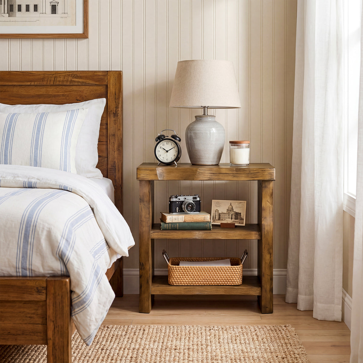 60cm End Table, 3-Tier Solid Wood Narrow Side Table with Live Edge Design for Living Room
