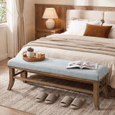 140cm Dining Bench, Upholstered Solid Pine with Linen Cushion for Dining Room 3