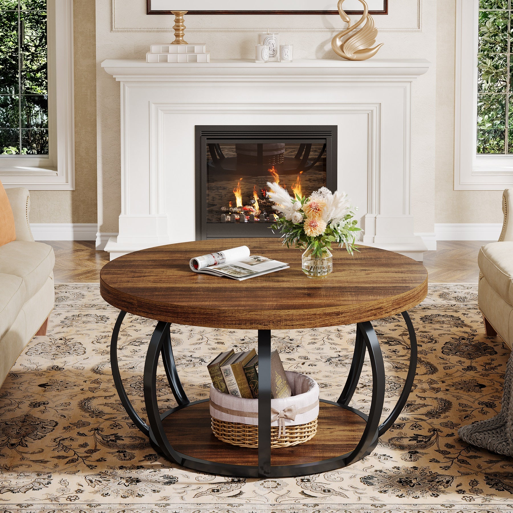 31.5" Round Coffee Table, 2-Tier Farmhouse Center Table with Wood & Black Metal for Living Room