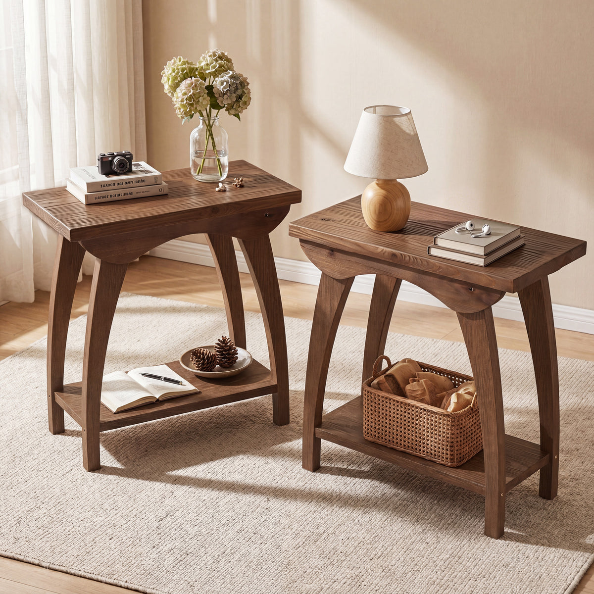 60cm End Table, Farmhouse Solid Wood Side Table with Lower Shelf for Living Room