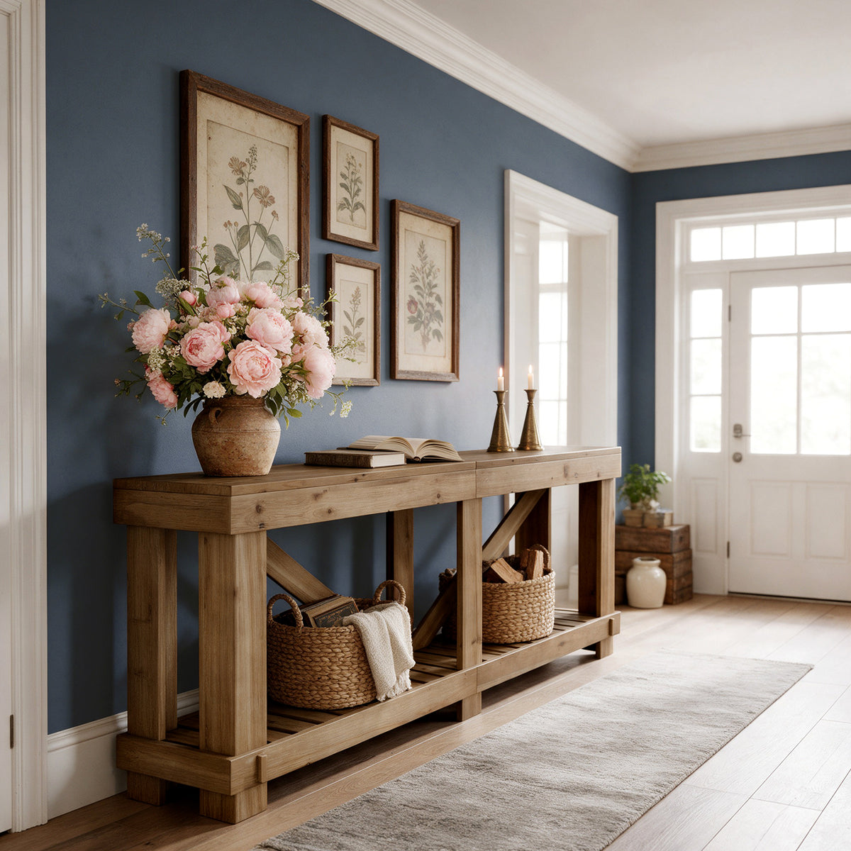 200cm Console Table, Solid Wood Narrow Sofa Table with Open Slatted Shelf for Entryway