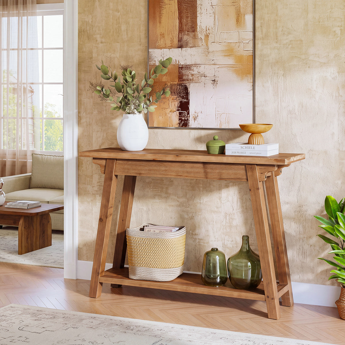 105cm Console Table, 2-Tier Solid Wood Farmhouse Entryway Table with A-Frame