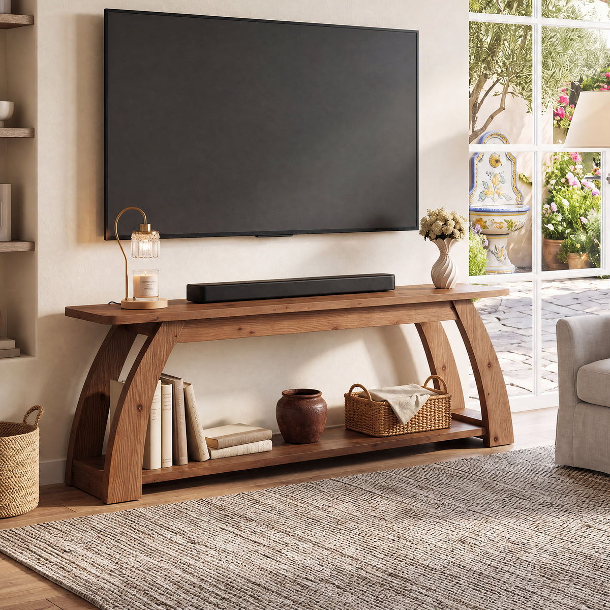 160cm TV Stand, 2-Tier Solid Wood Entertainment Centre with Open Storage for up to 75" TVs