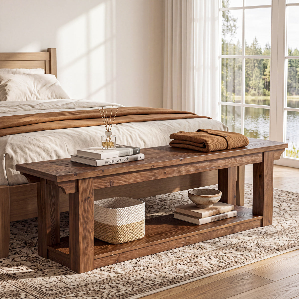 160cm Entryway Shoe Bench, Farmhouse Solid Wood 2-Tier Storage for Hallway Bedroom