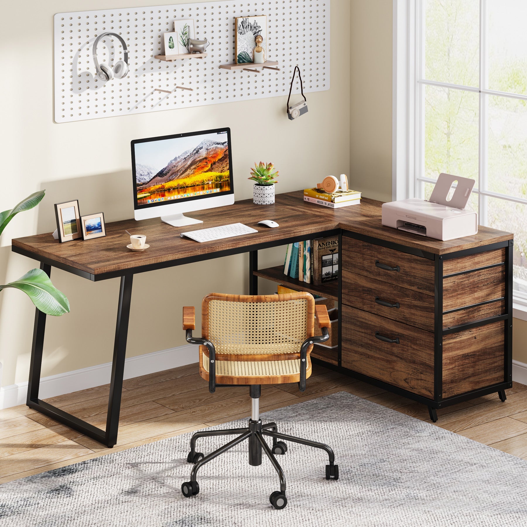 53" Reversible L-Shaped Computer Desk with 3 Drawers and Shelves