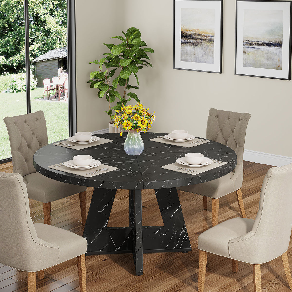 120 cm Round Dining Table, Farmhouse Wood Kitchen Table for 4-6 with Cross Base