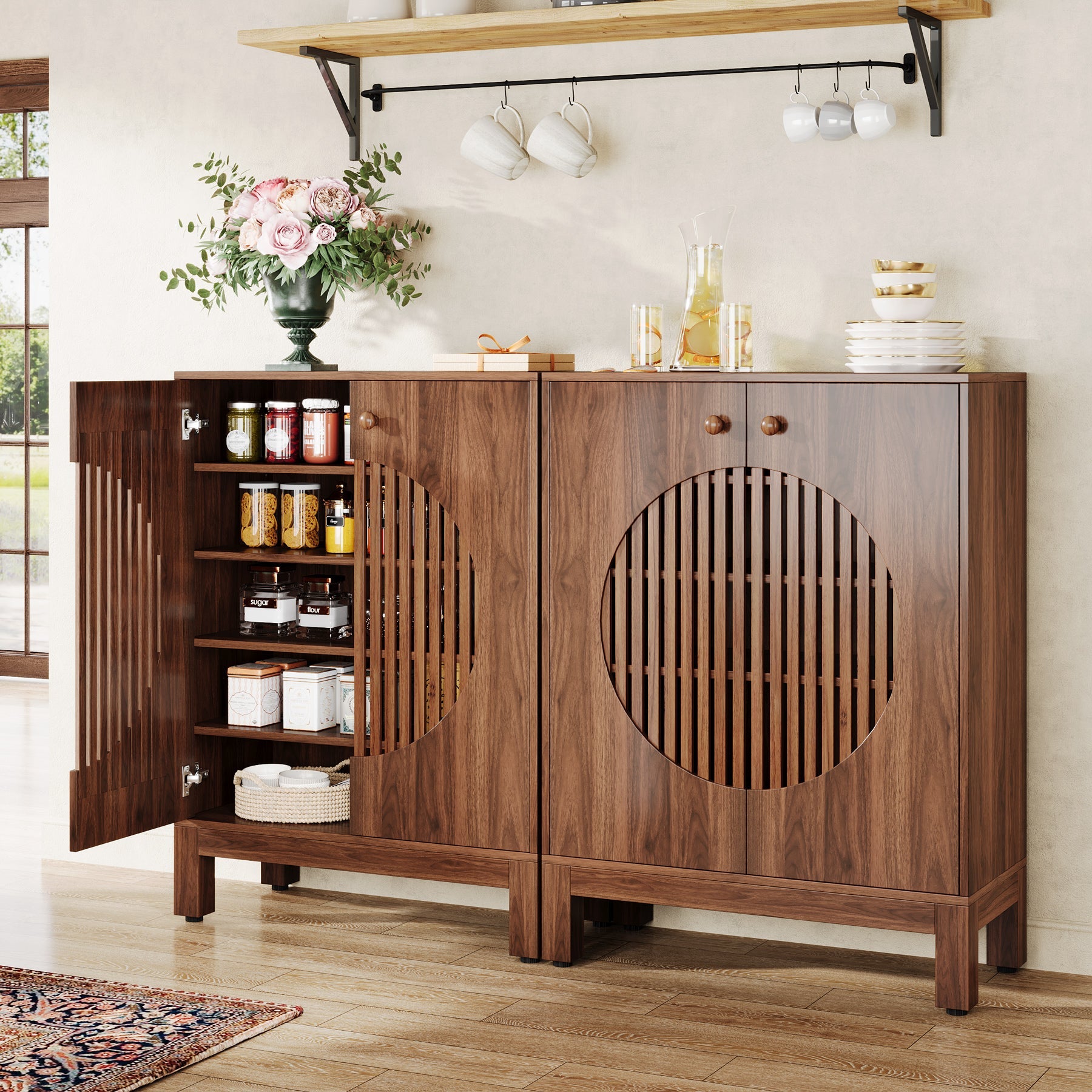 Tribesigns 28.74" Farmhouse Sideboard Cabinet, Wooden Buffet Cabinet with Round Louvered Doors for Kitchen