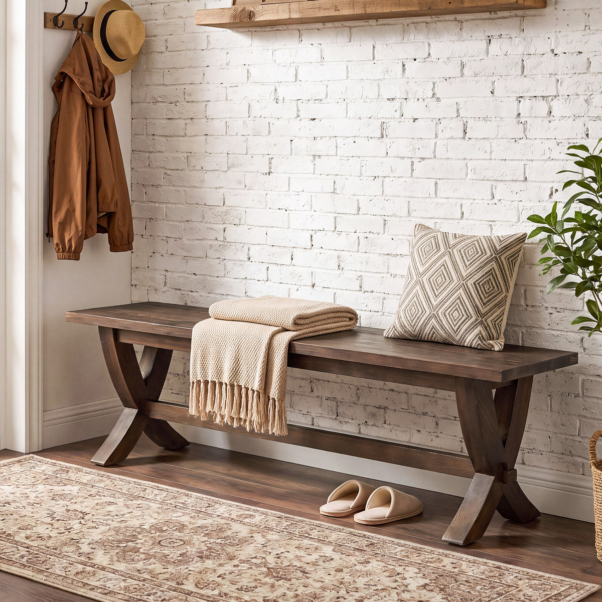 150cm Entryway Bench, Farmhouse Wooden Bench with X-Frame Legs