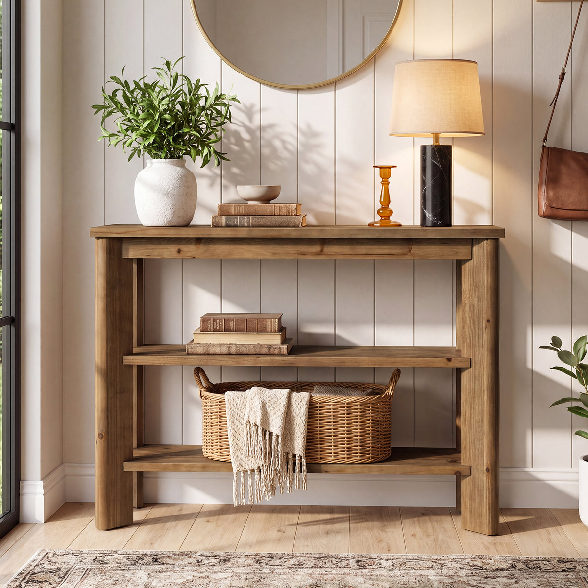 104cm Console Table, 3-Tier Solid Wood Entryway Sofa Table