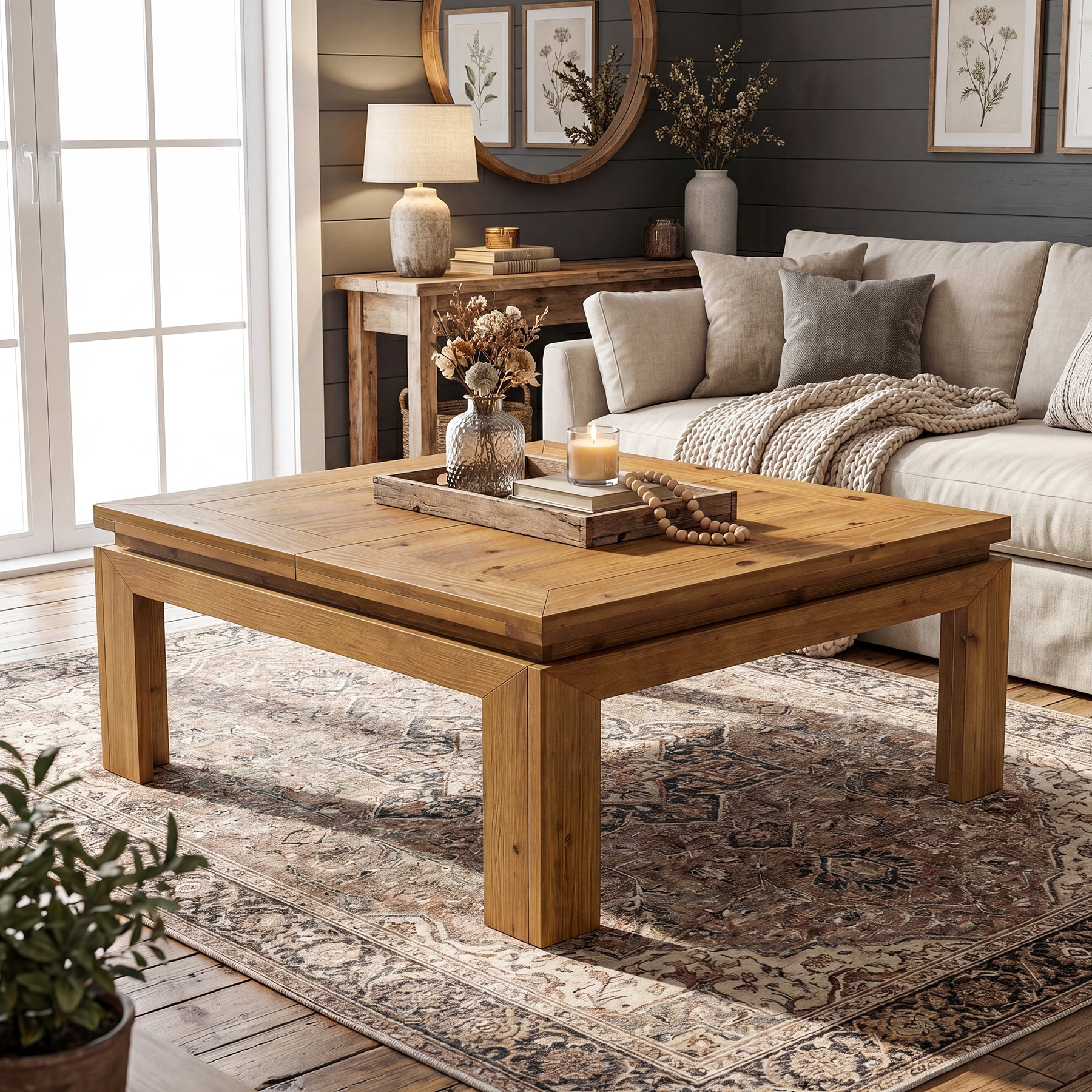 39.4" Solid Wood Coffee Table with Recessed Edge, Square Farmhouse Center Table for Living Room