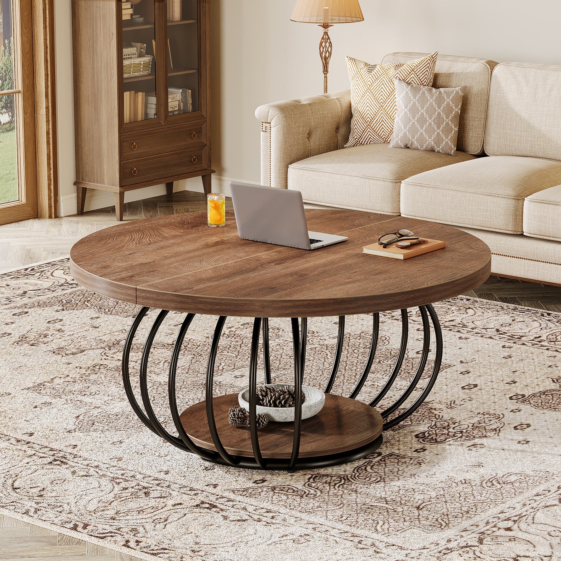 39" Round Coffee Table - 2-Tier Industrial Cocktail Table with Metal Frame, Rustic Brown & Black