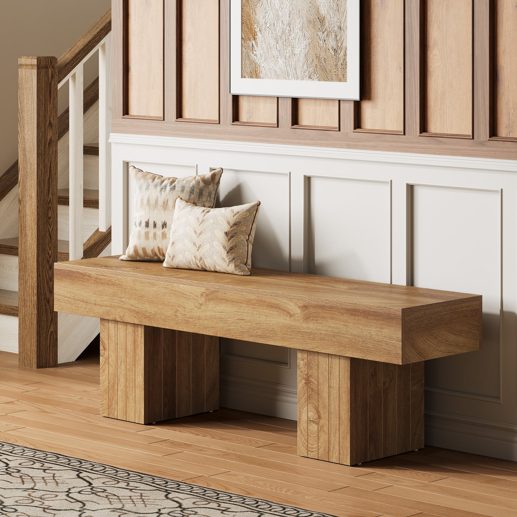 55" Wooden Entryway Bench with Broad Legs, Farmhouse Indoor Bench with 330 lb Capacity