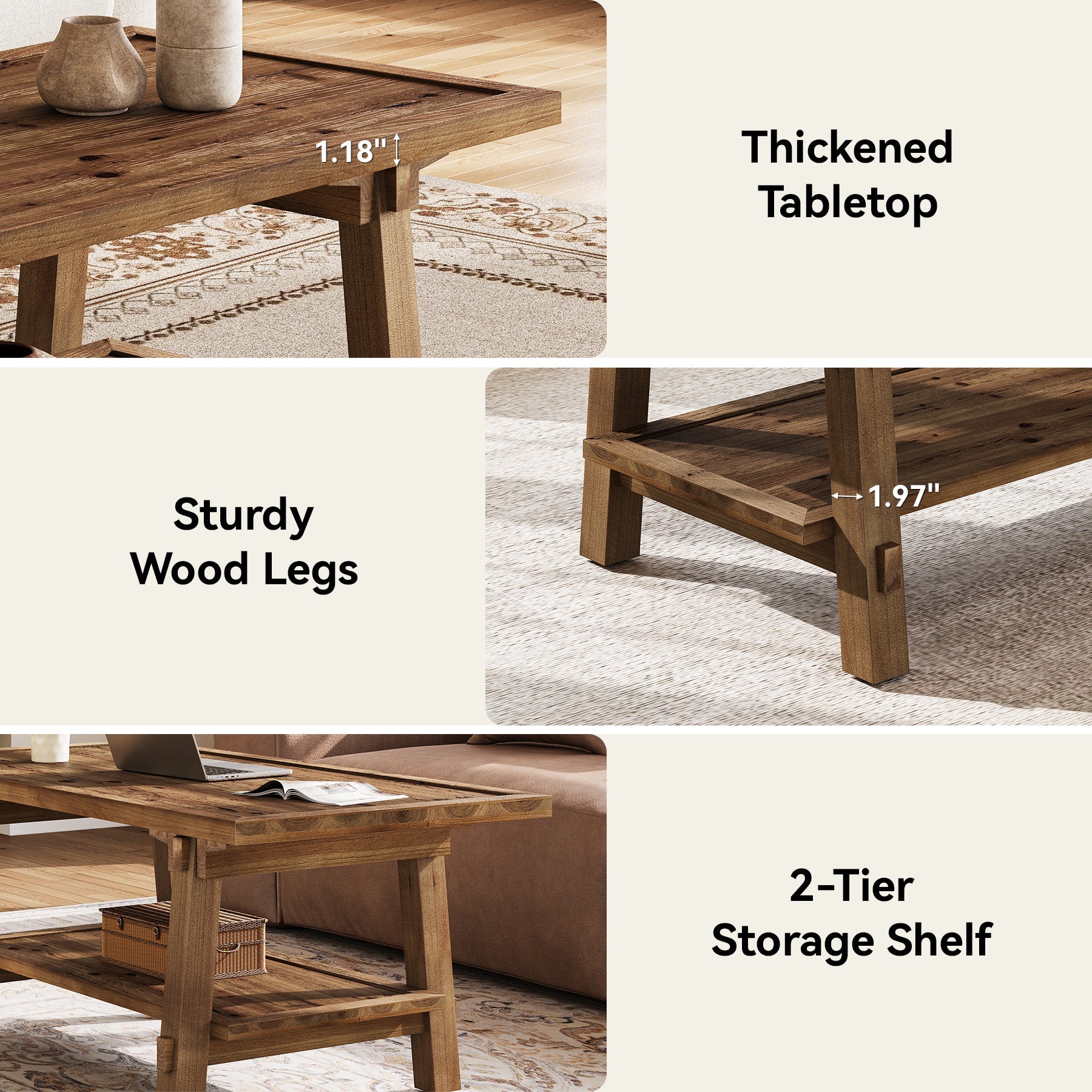 47" Solid Wood Coffee Table, Rectangle Center Table with 2-Tier Shelves