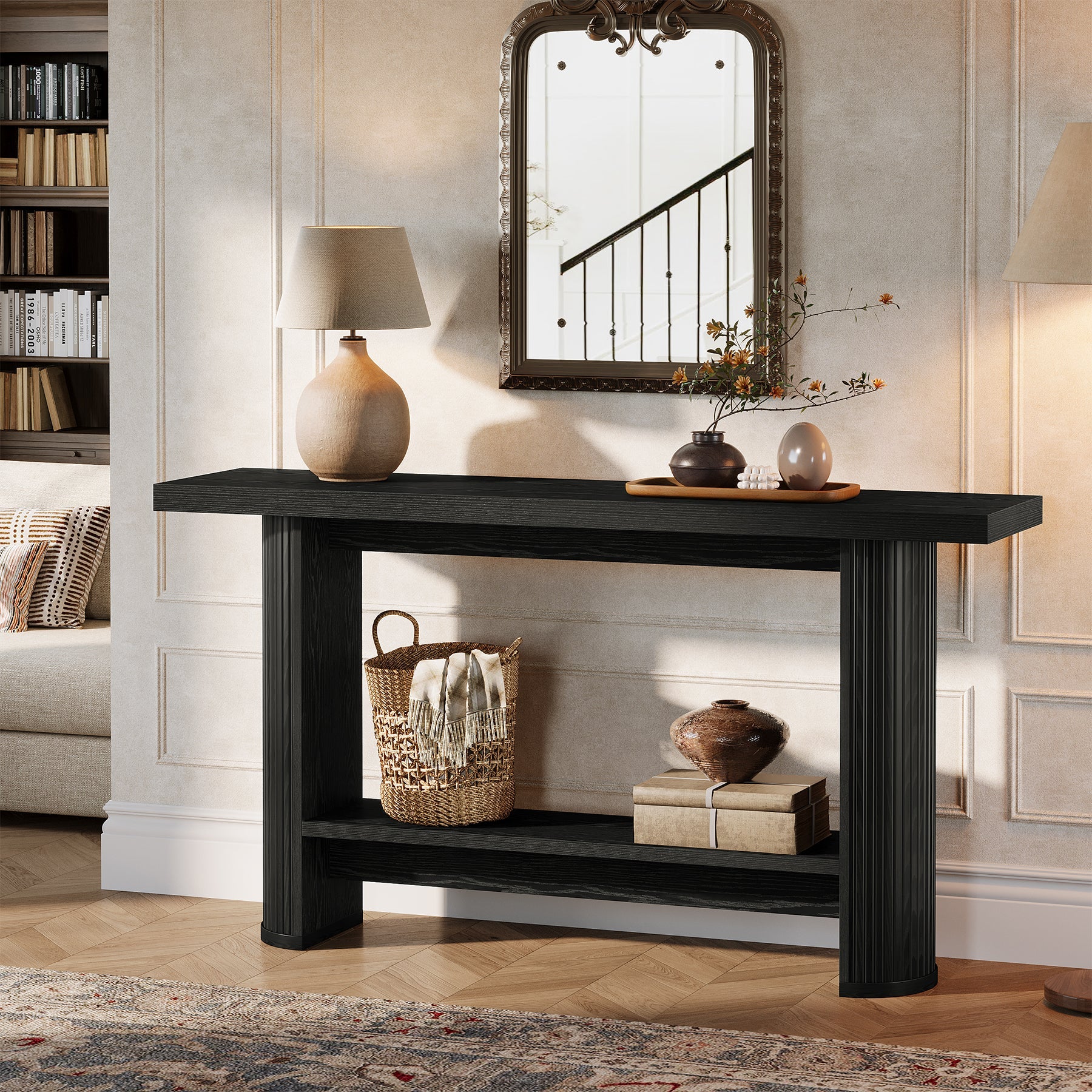 55" Narrow Console Table with Storage Shelf, Rustic Entryway Sofa Table