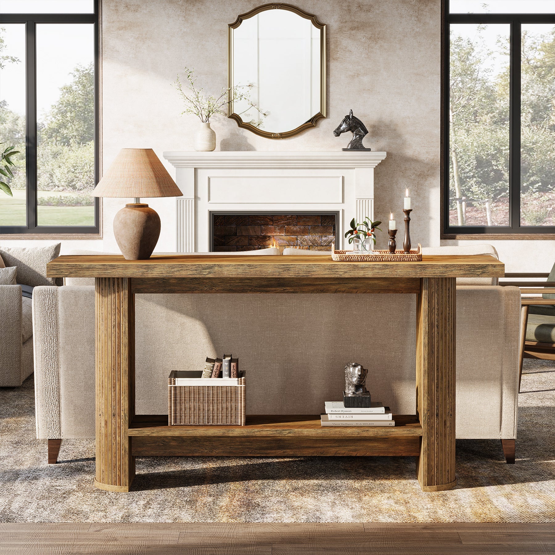 55" Narrow Console Table with Storage Shelf, Rustic Entryway Sofa Table
