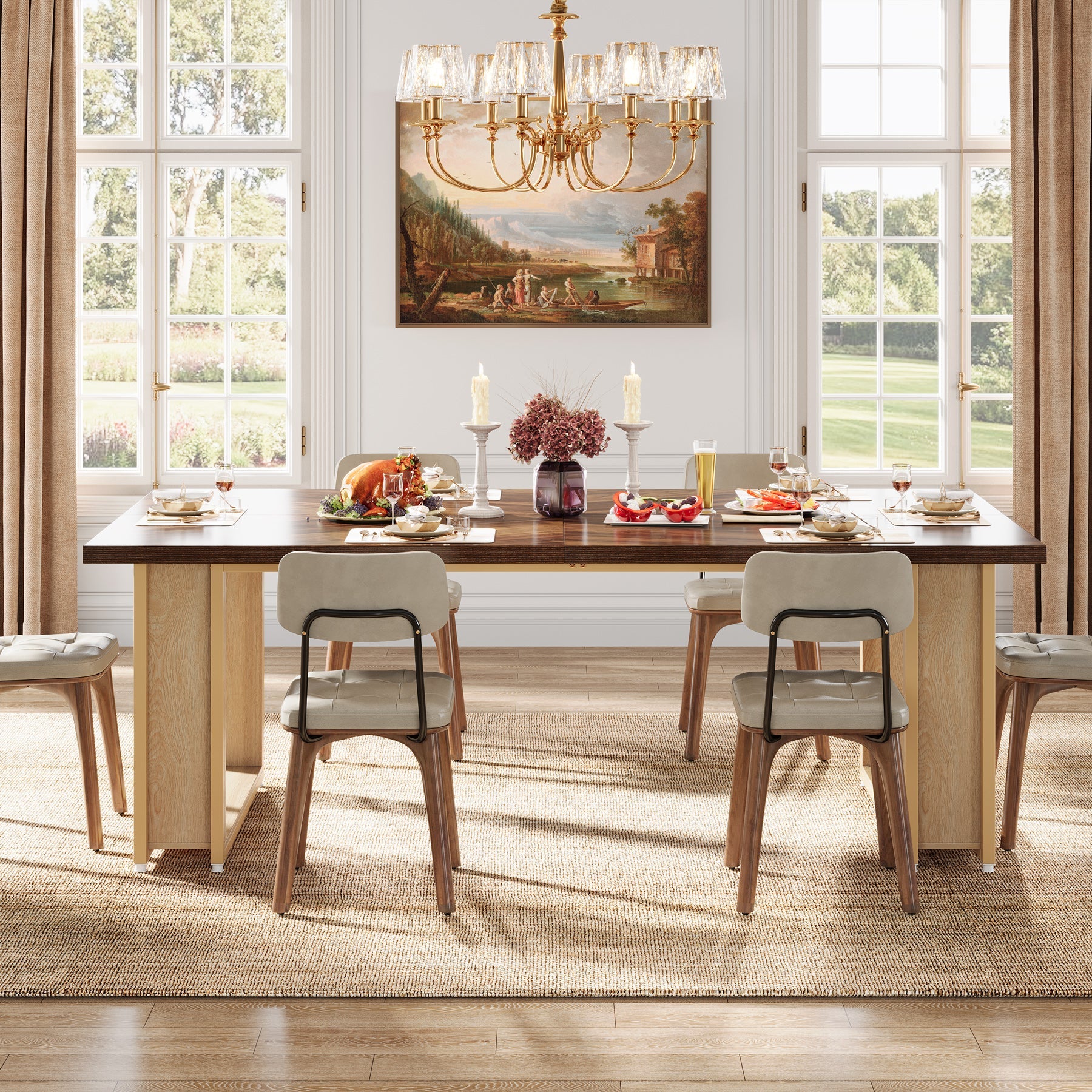 63" Dining Table, Wood Kitchen Table with Metal Frame for 4 People