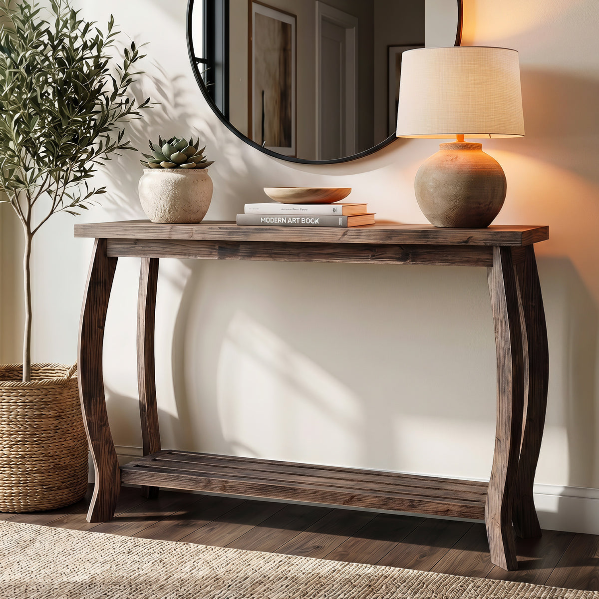 105cm Console Table, Solid Wood Farmhouse Entryway Table with Curved Legs & Shelf