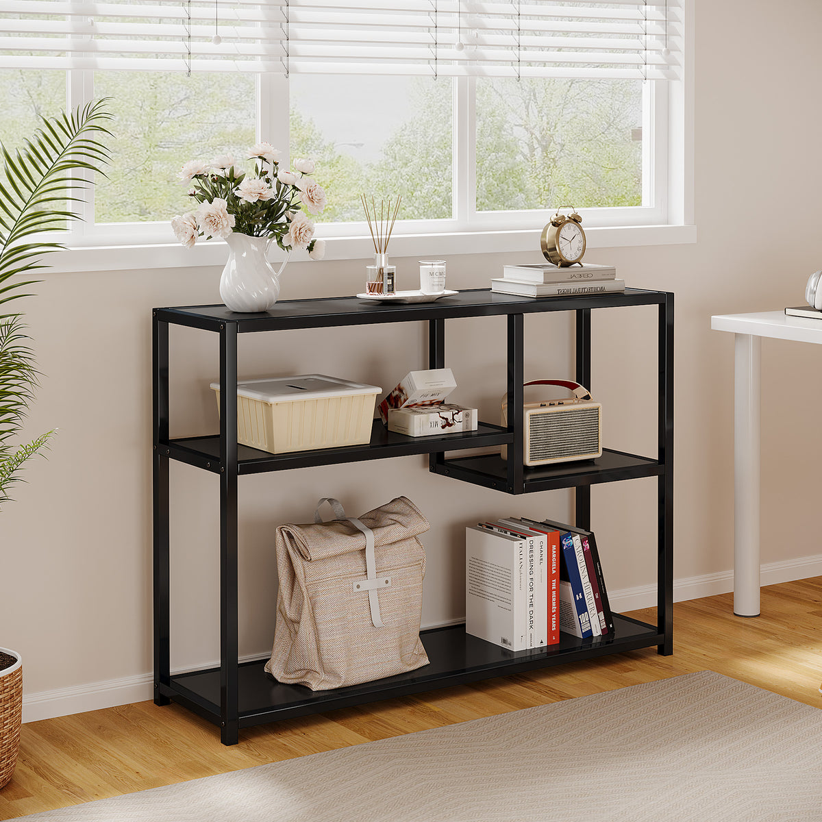 110cm Console Table, 4-Tier Black Entryway Storage Shelf with Metal Frame