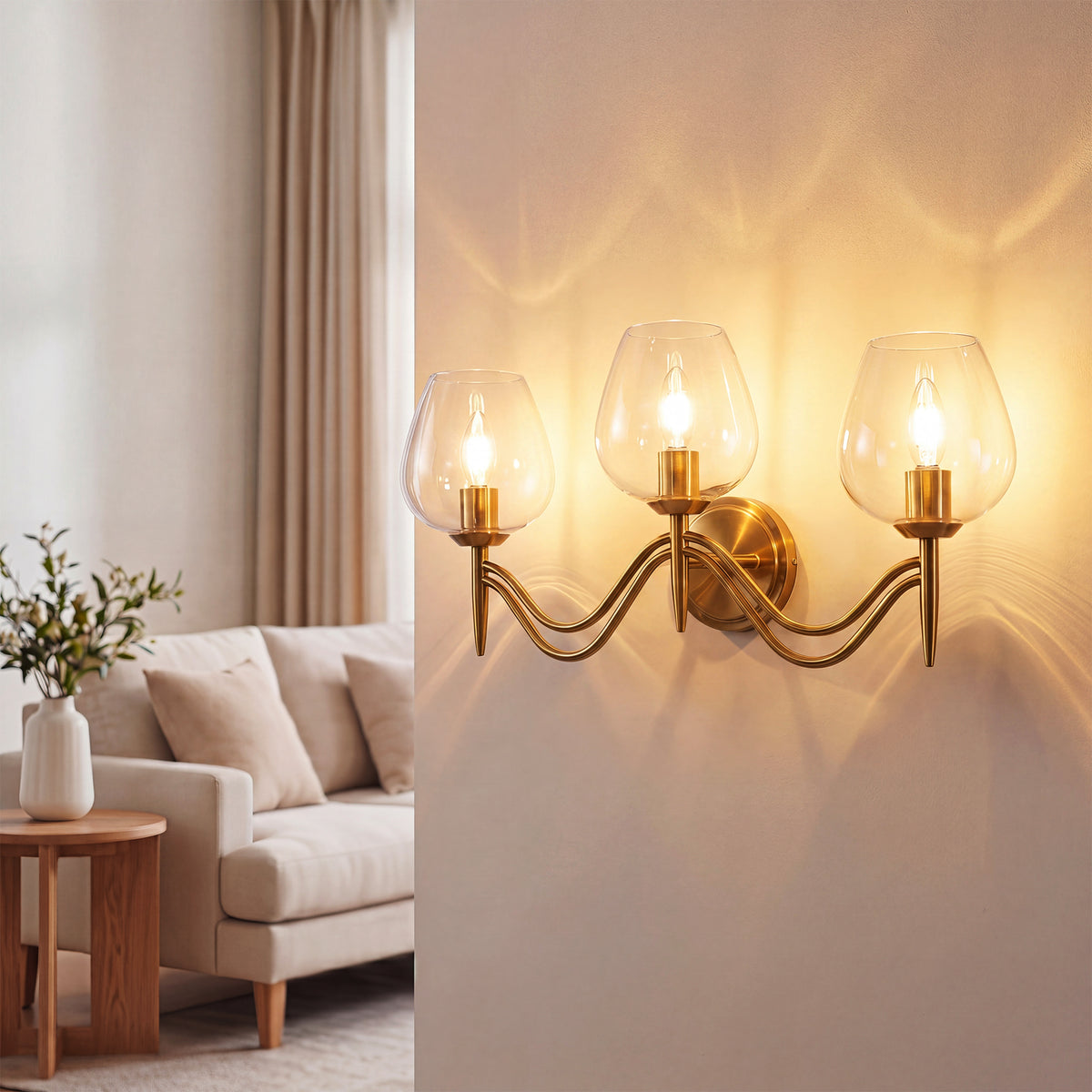 3-Light 22.8" Gold Bathroom Vanity Light, Clear Glass Wall Sconce