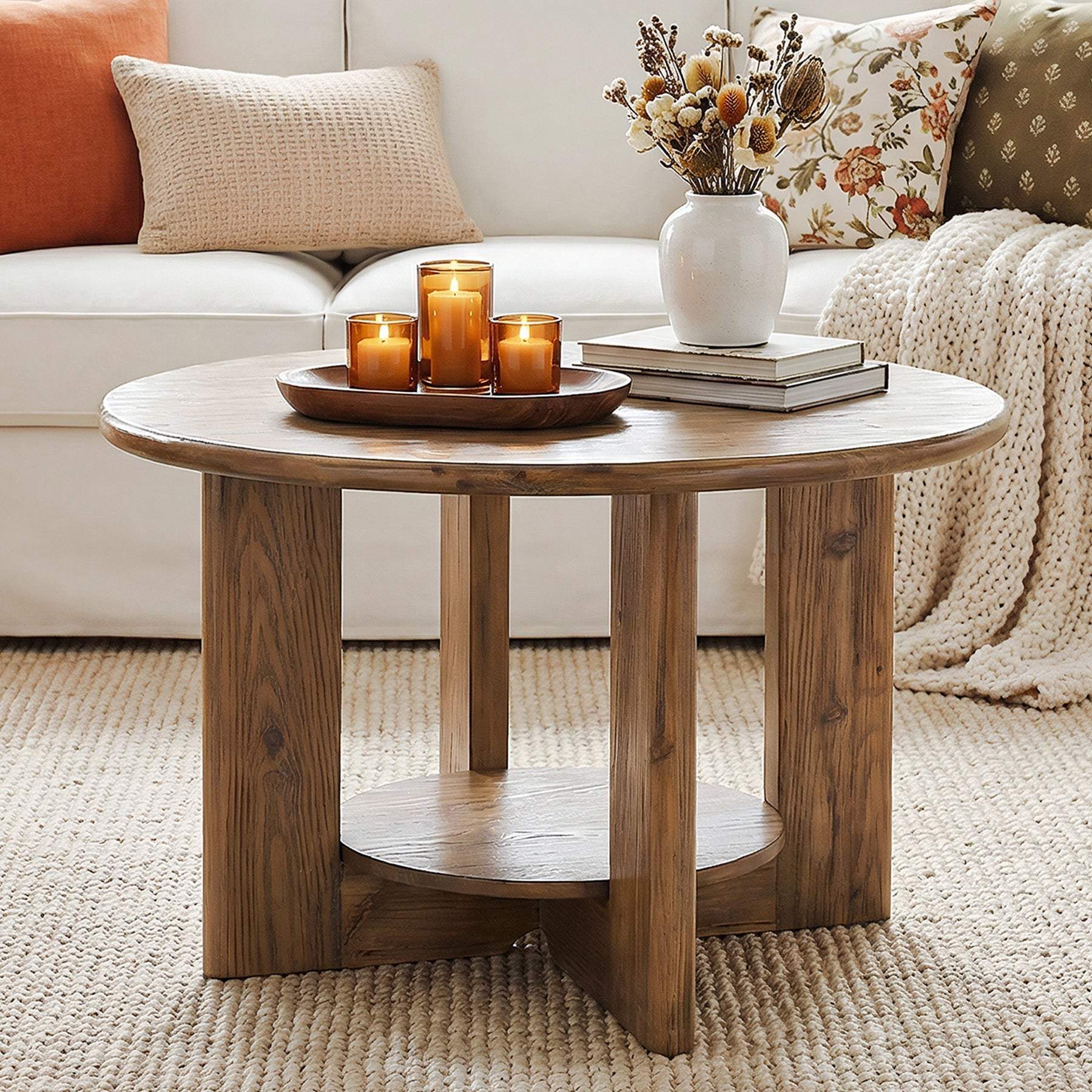 80cm Solid Wood Round Coffee Table, 2-Tier Accent Center Table with Storage