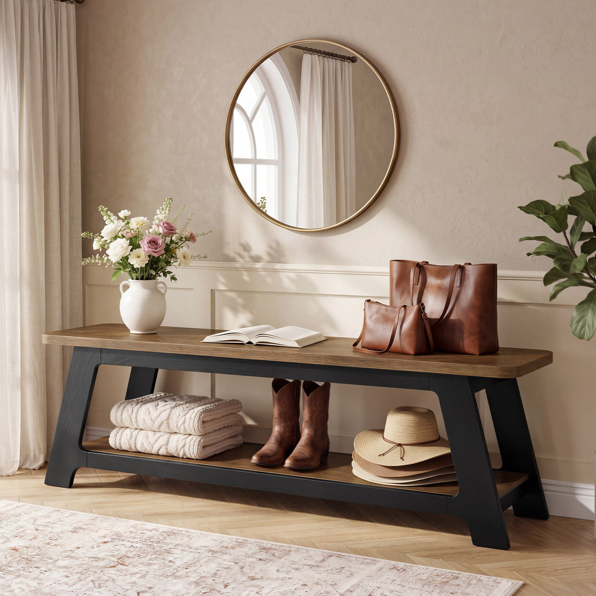 160cm Entryway Bench, Farmhouse Wooden Shoe Storage Bench with Shelf for Hallway