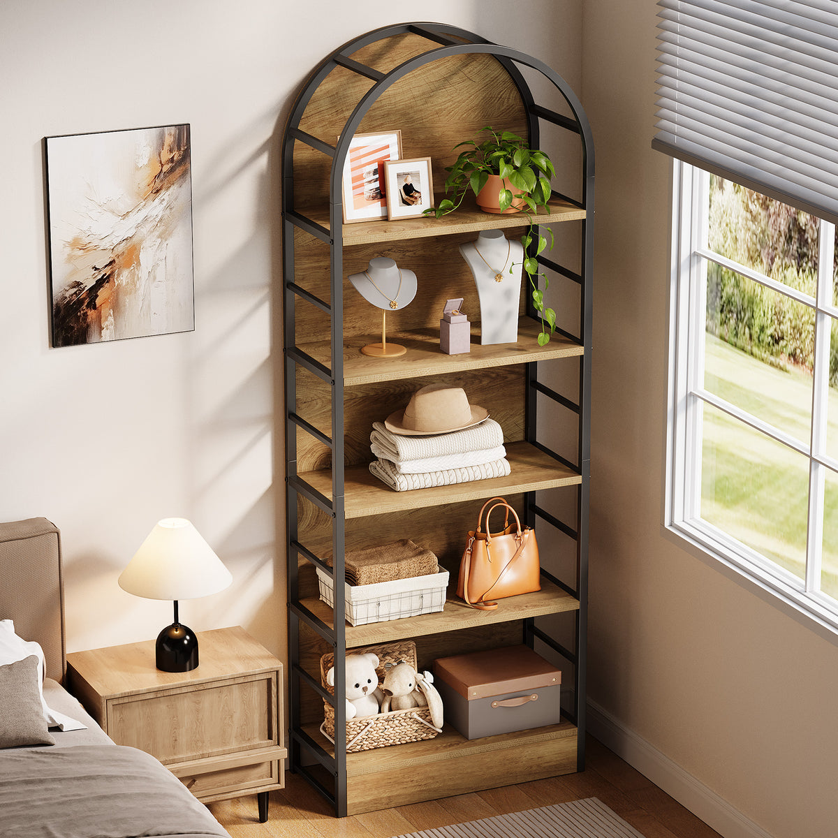 180cm Arched Bookshelf, Tall Wooden Storage Shelf for Living Room