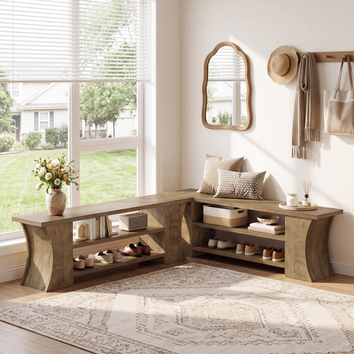 160cm Entryway Bench, 3-Tier Farmhouse Shoe Bench with Storage for Hallway