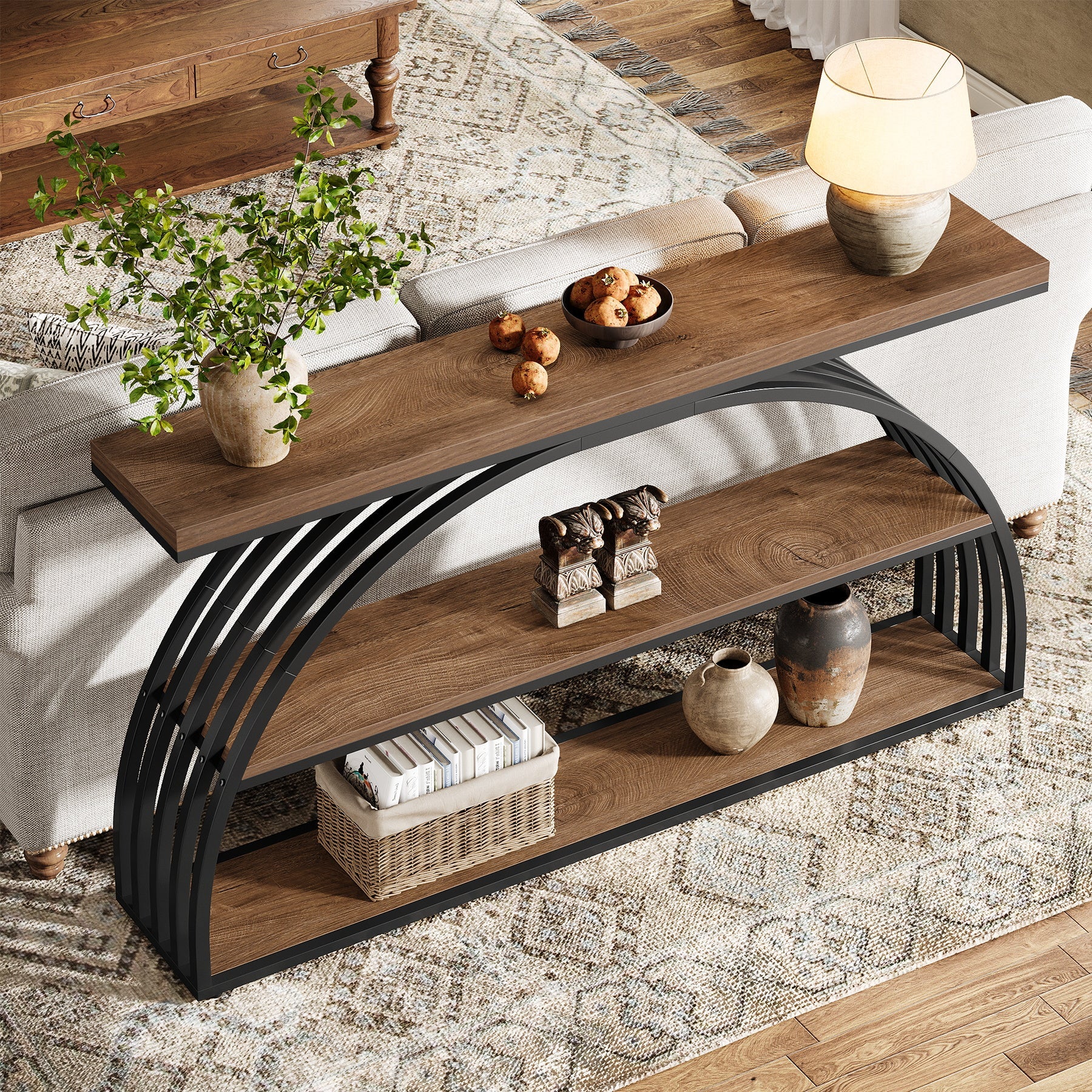 63" Console Table with 3-Tier Storage Shelves, Arched Frame Sofa Table for Living Room