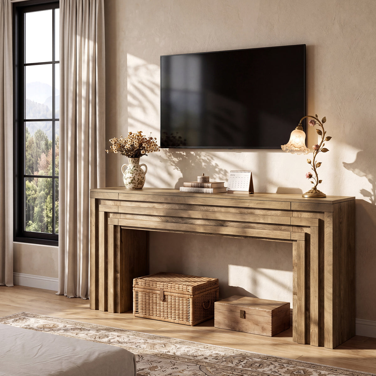 160cm TV Stand, Farmhouse Console with Hidden Cabinets for Living Room