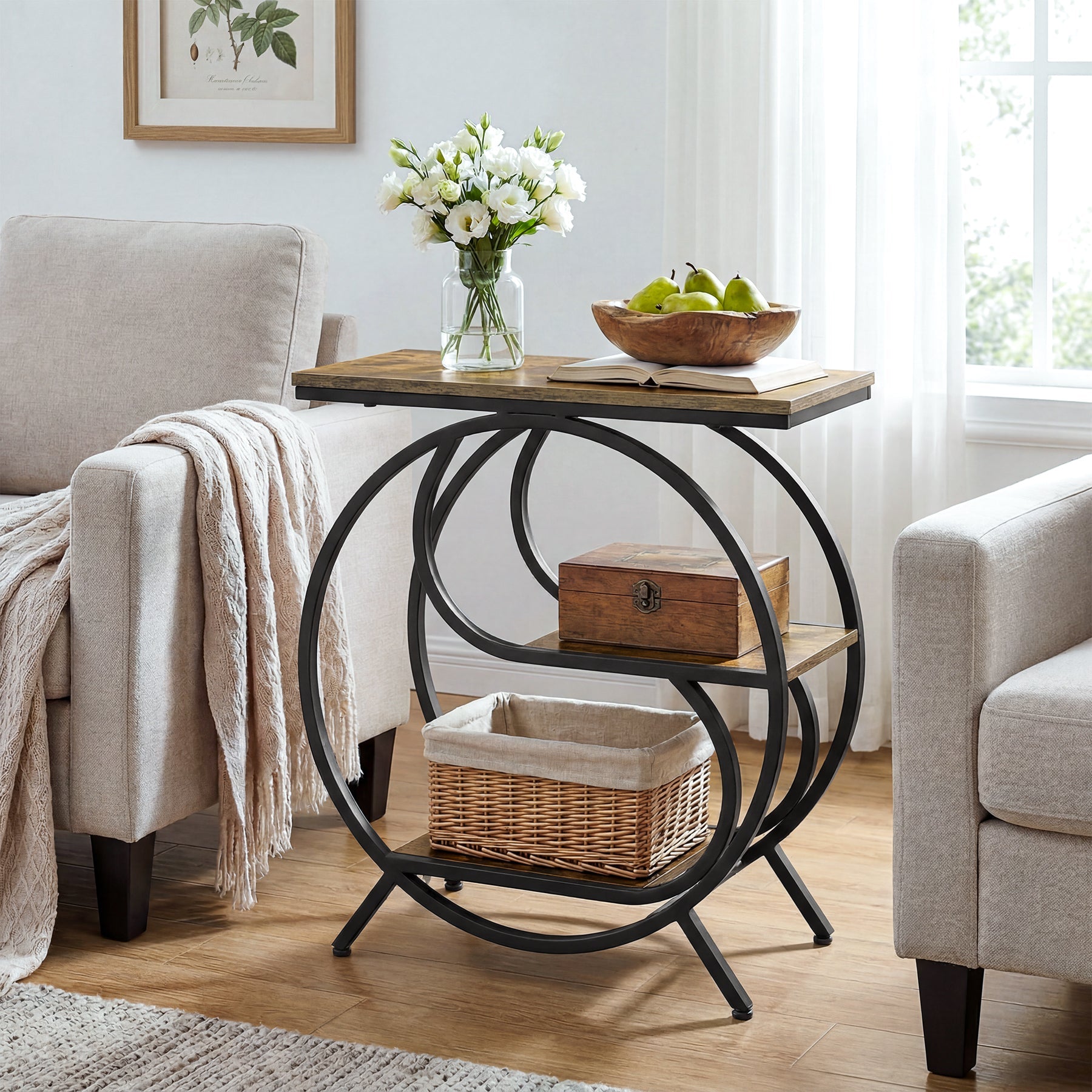 60cm Industrial 3-Tier End Table, Rustic Brown Rectangle Side Table