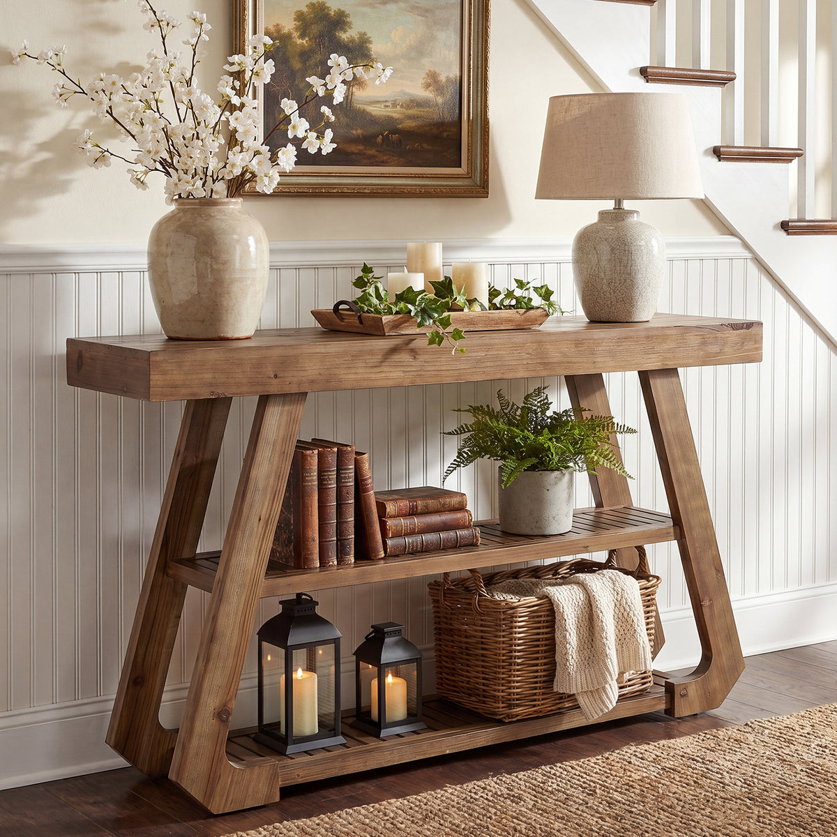 105cm Console Table, Solid Wood 3-Tier Rustic Hallway Table with A-Frame