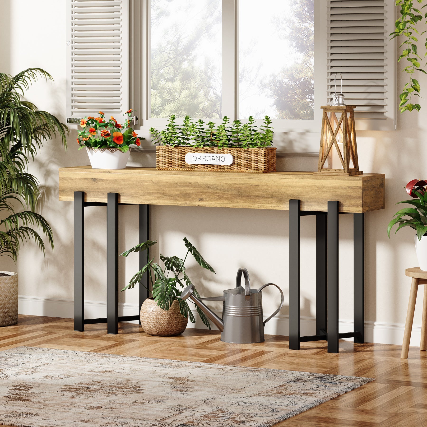 63" Industrial Console Table with Metal Frame, Wooden Sofa Table for Entryway and Living Room