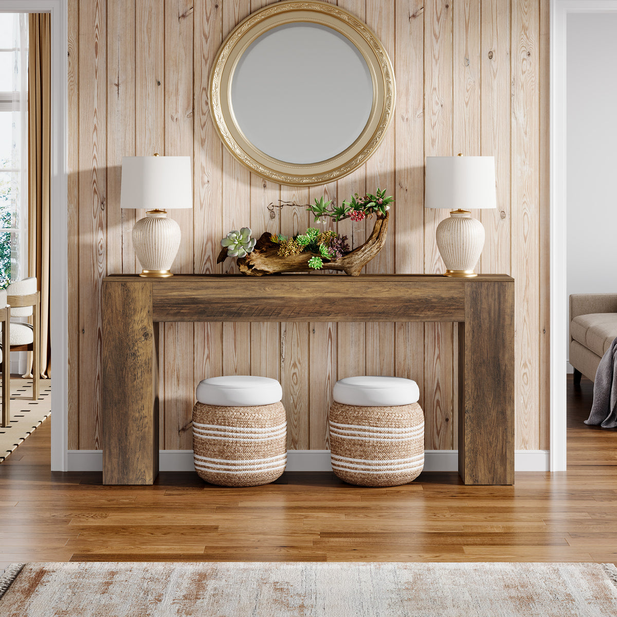 63" Farmhouse Console Table, Narrow Sofa Table with Natural Brown Finish for Entryway