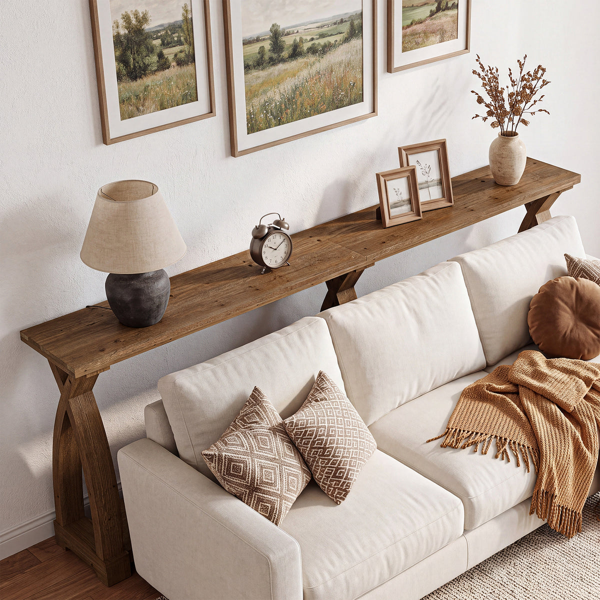 200cm Console Table, Solid Wood 2-Tier Narrow Hallway Table