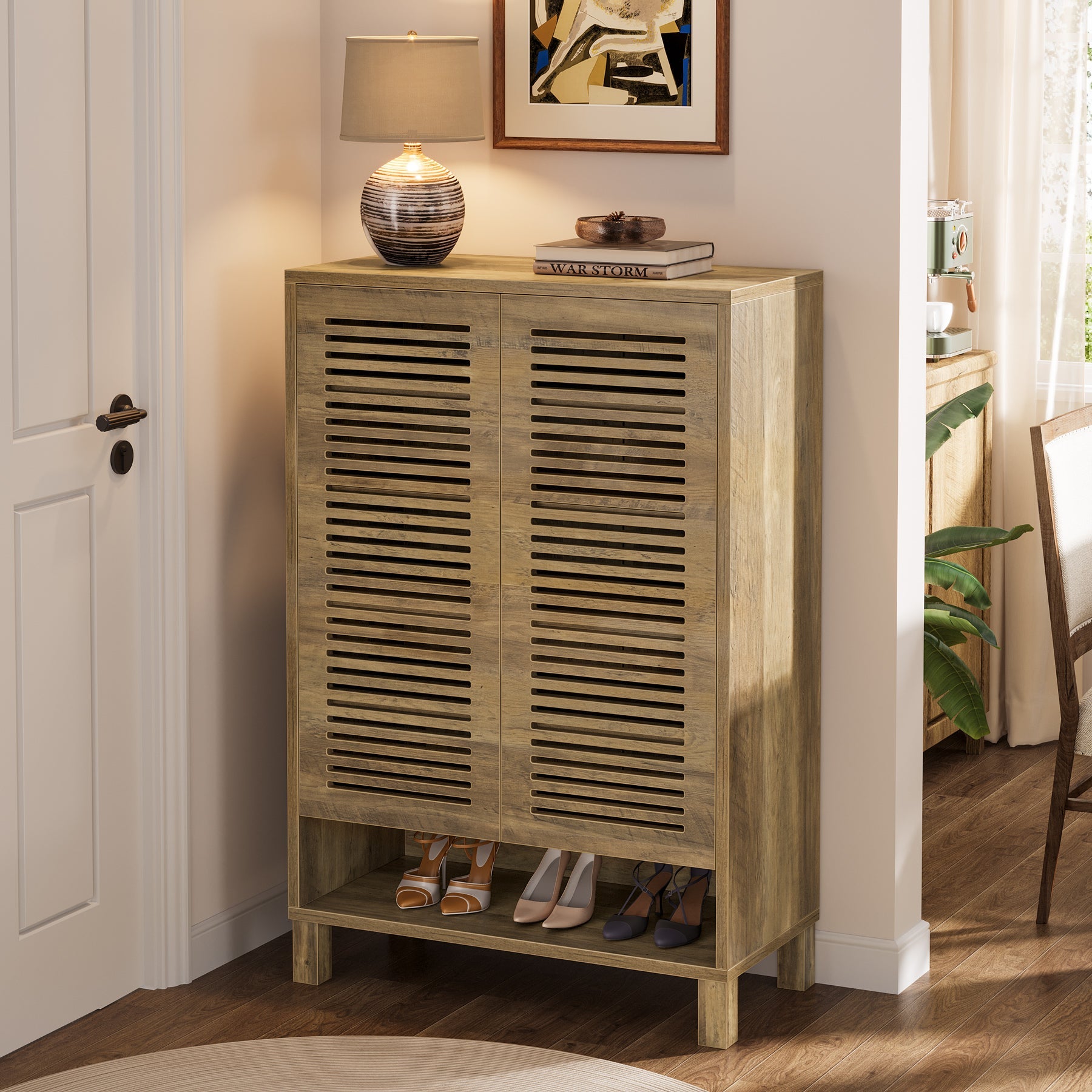Free-Standing Shoe Cabinet, Narrow Farmhouse Wooden Organizer with 6 Shelves