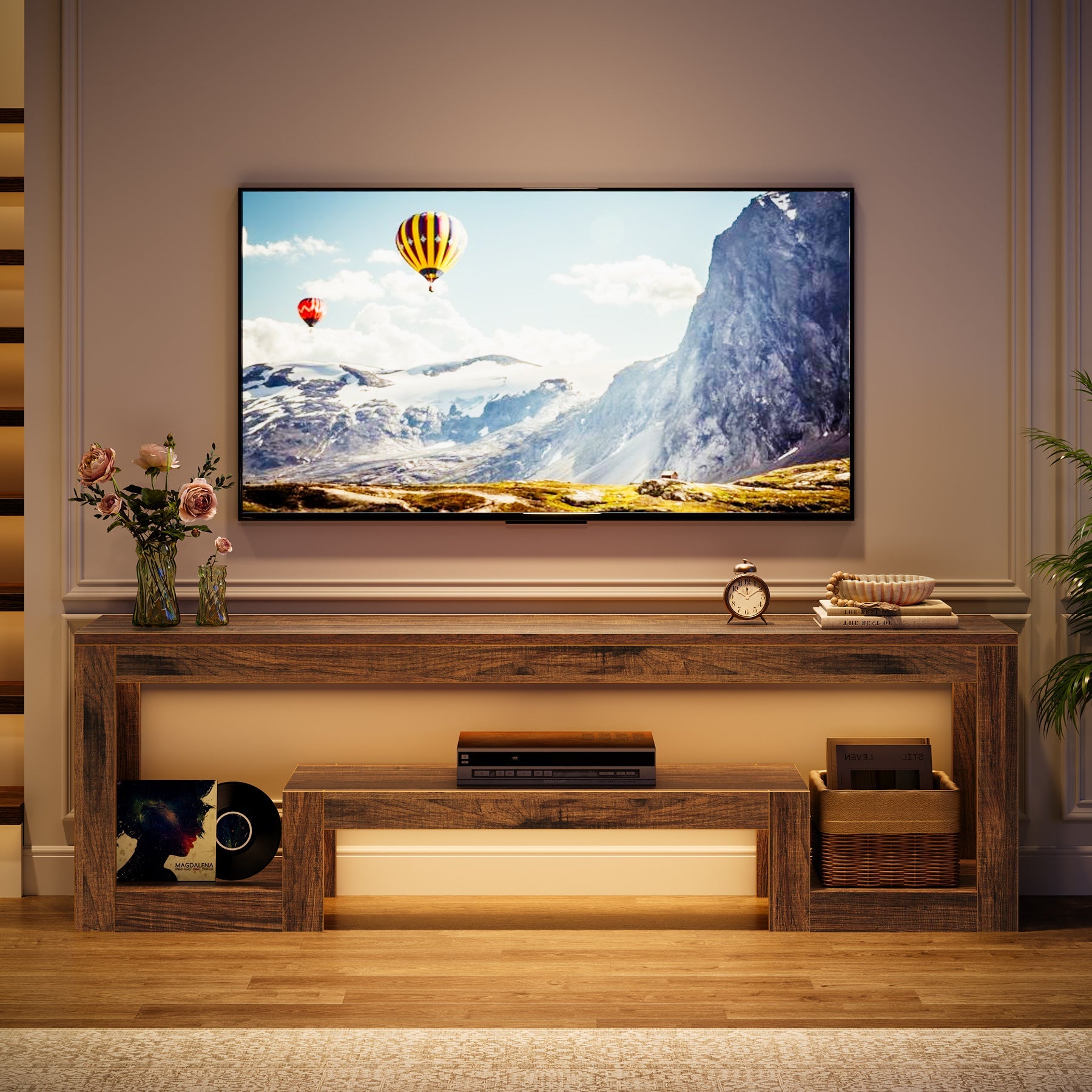 63” TV Stand, Farmhouse Entertainment Center with Open Storage Shelves for Living Room