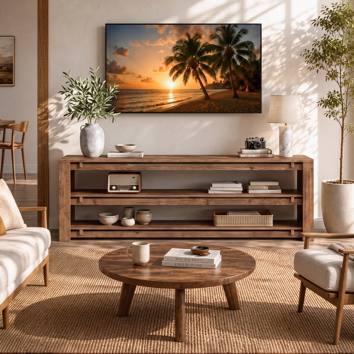 160cm TV Stand, Solid Wood 3-Tier Console with Storage for TVs up to 75"