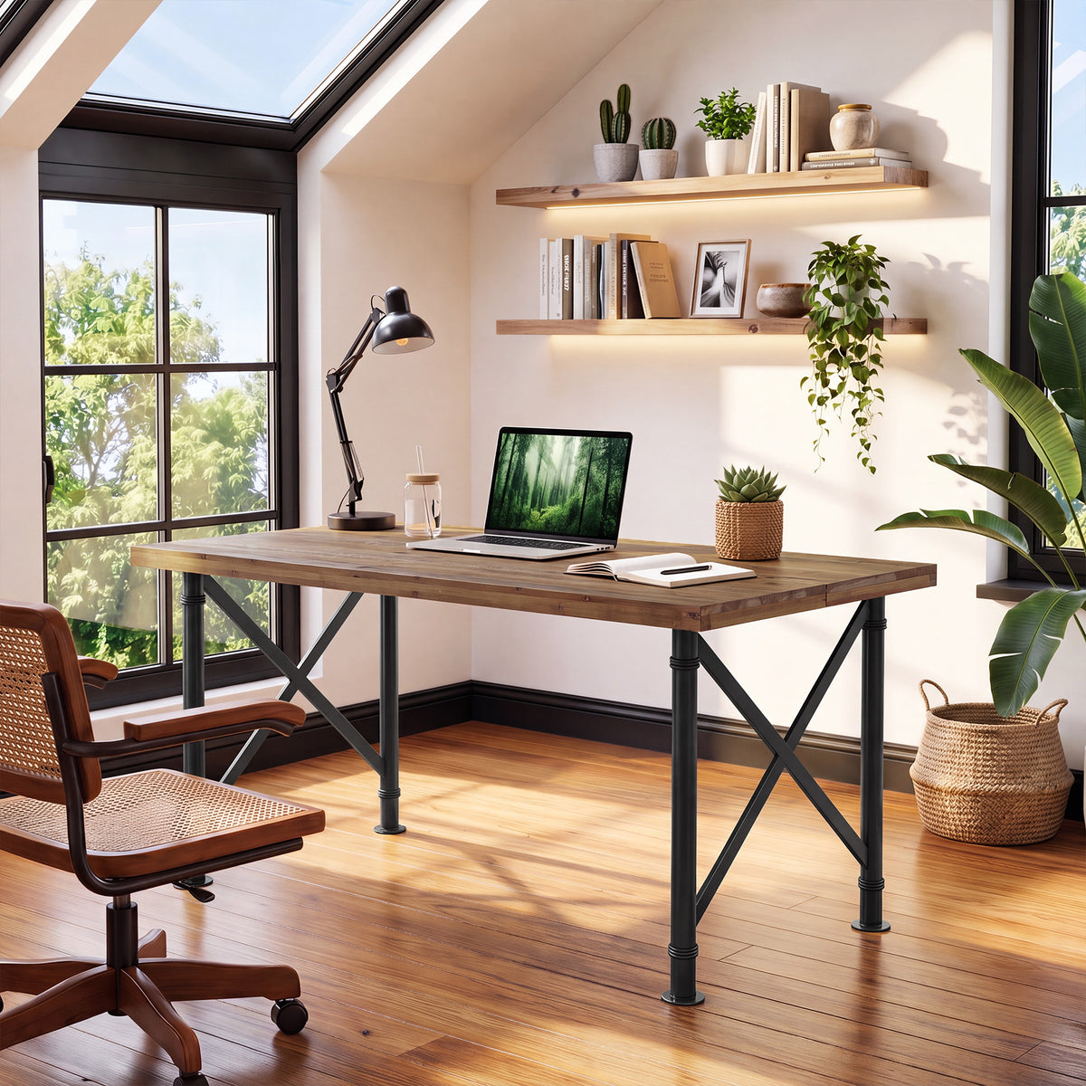 160cm Computer Desk, Solid Wood with X-Frame Metal Base for Home Office