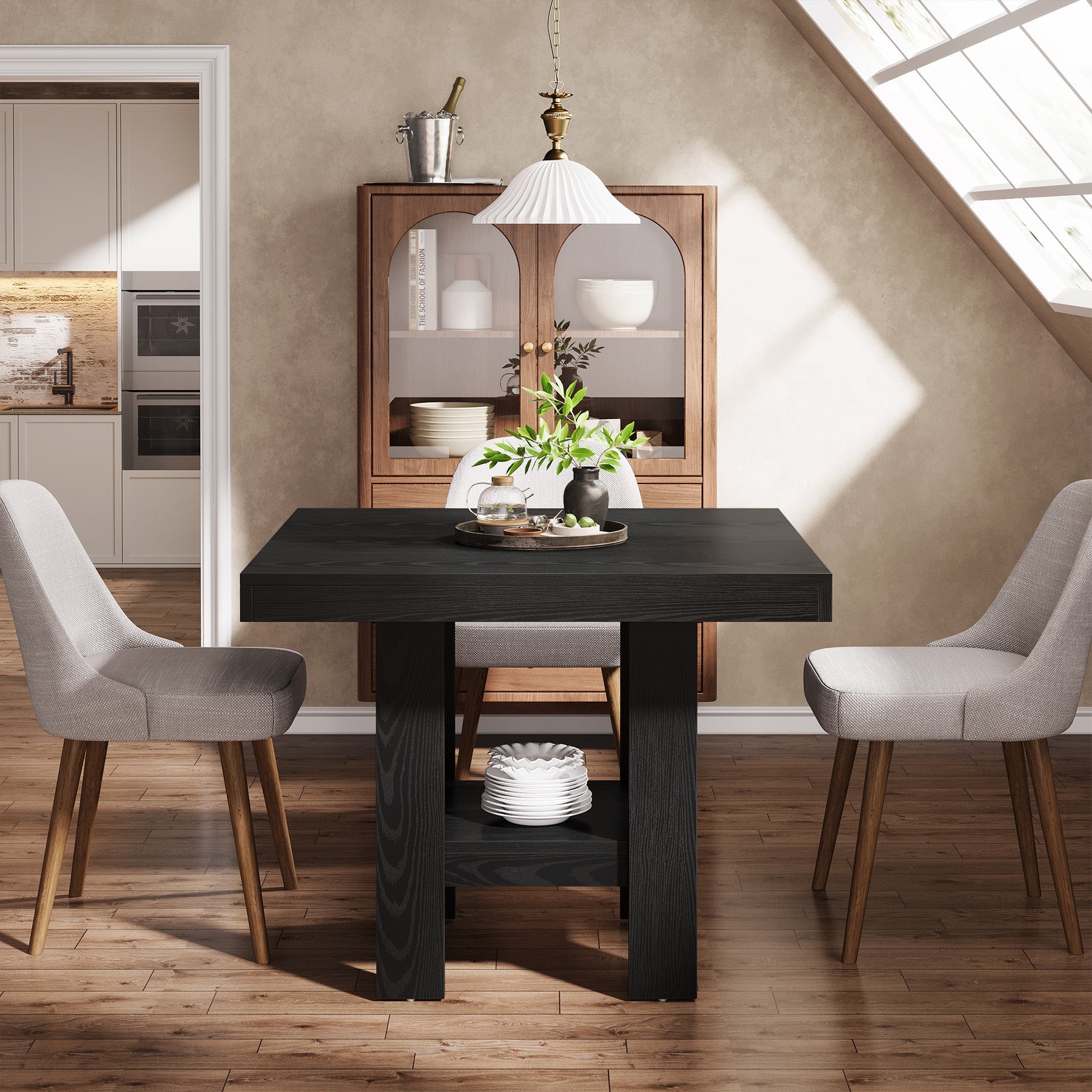 80cm Dining Table, Square Kitchen Table with Shelf Storage for 4