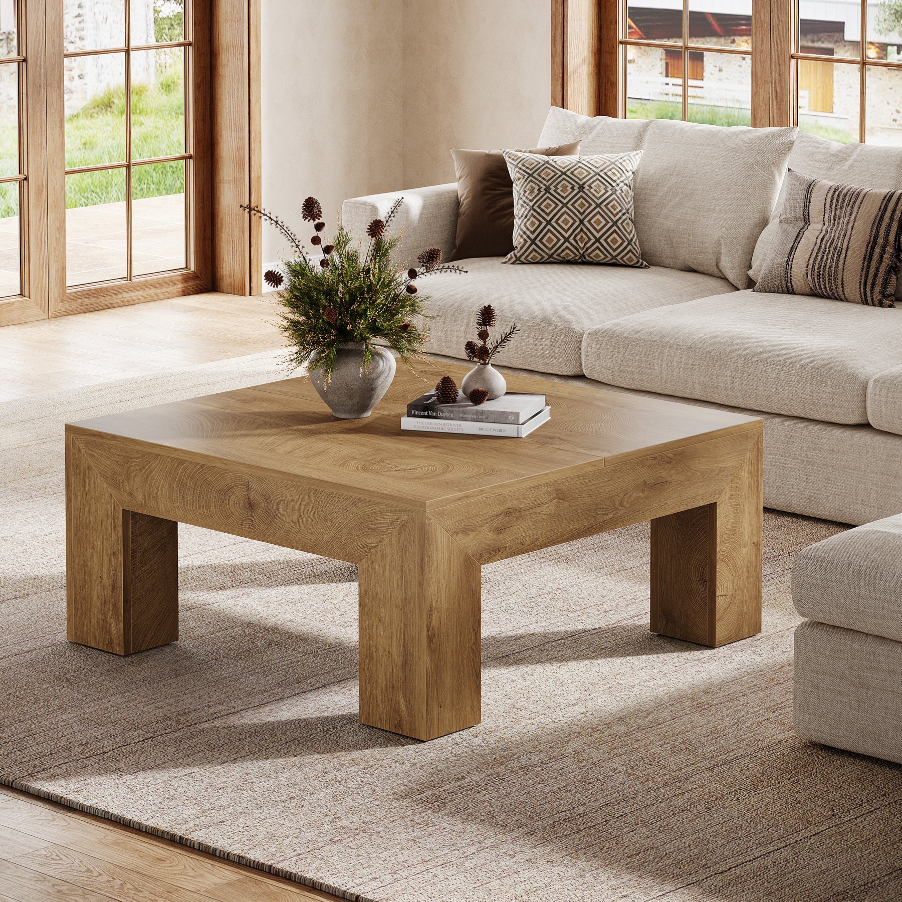 39" Square Farmhouse Coffee Table, Tea Table with Sturdy Wood Legs