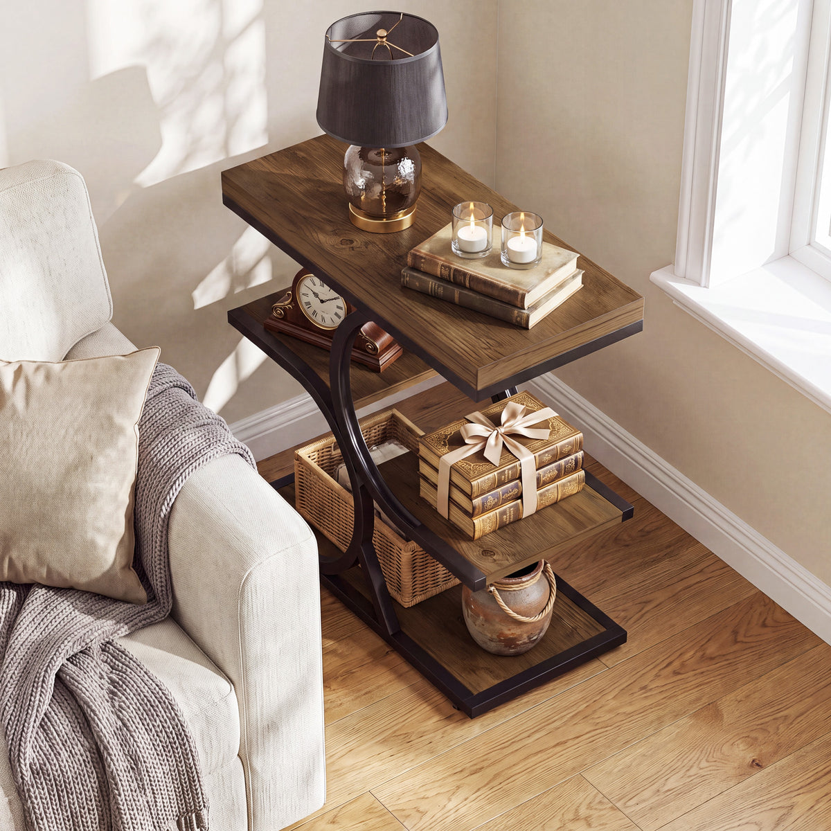 60cm Side Table, 4-Tier Industrial Narrow Open Storage for Living Room Bedroom