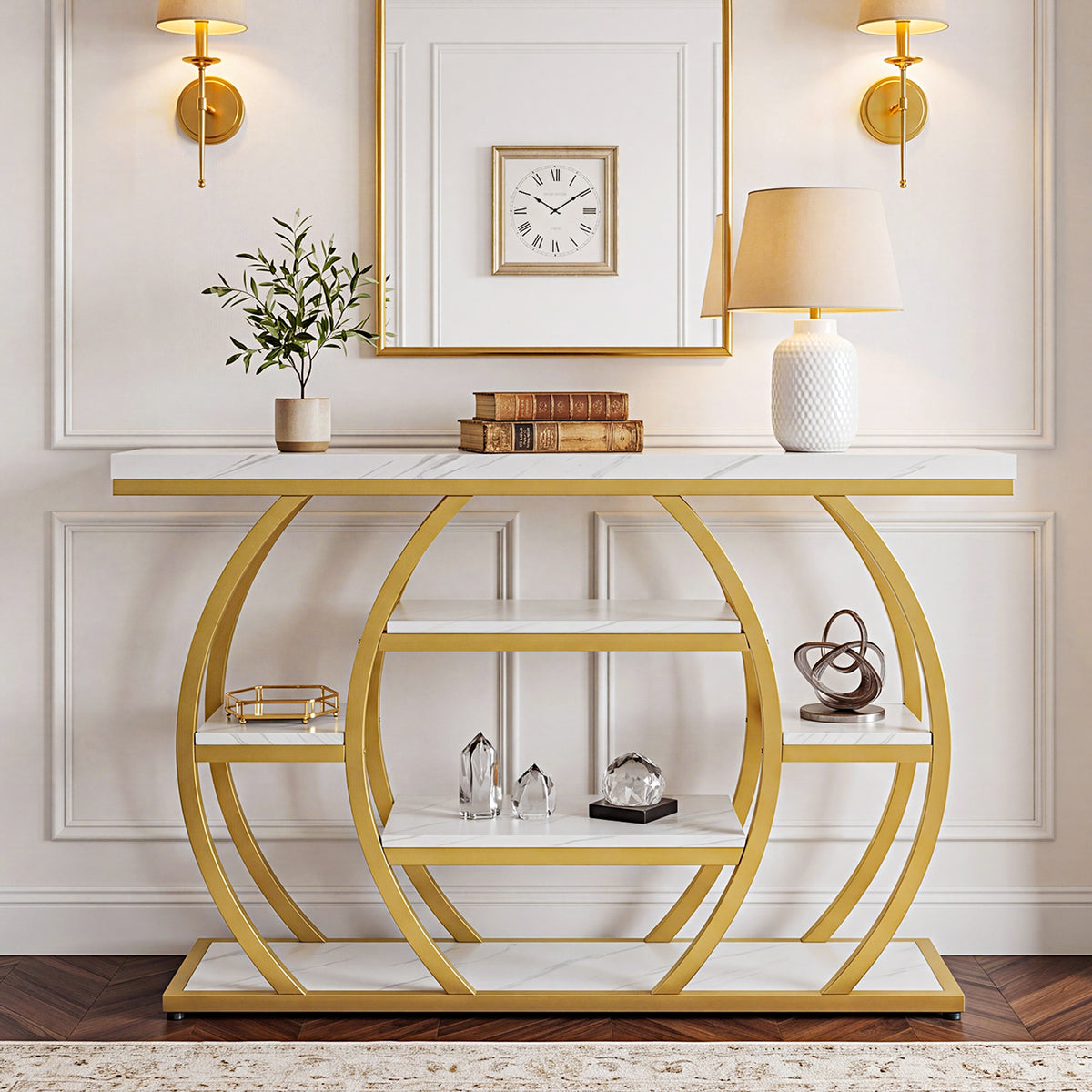 105cm Console Table, Narrow 5-Tier Entryway Table with Faux Marble Top & Arched Metal Frame