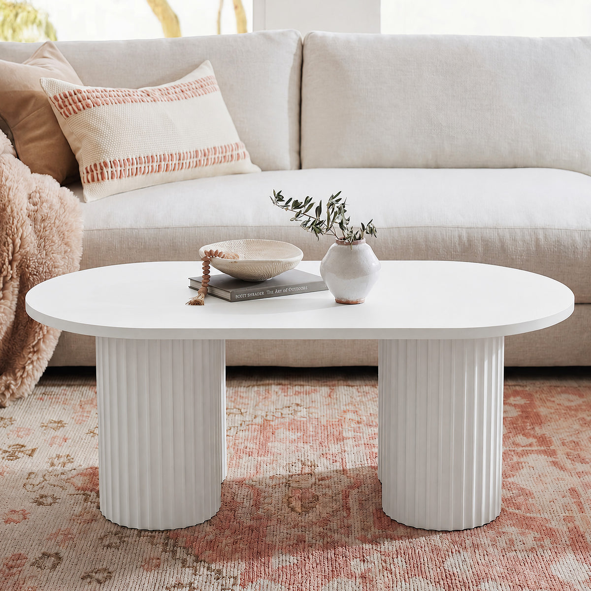 120cm Oval Coffee Table, Modern White Fluted Centre Table for Living Room & Office