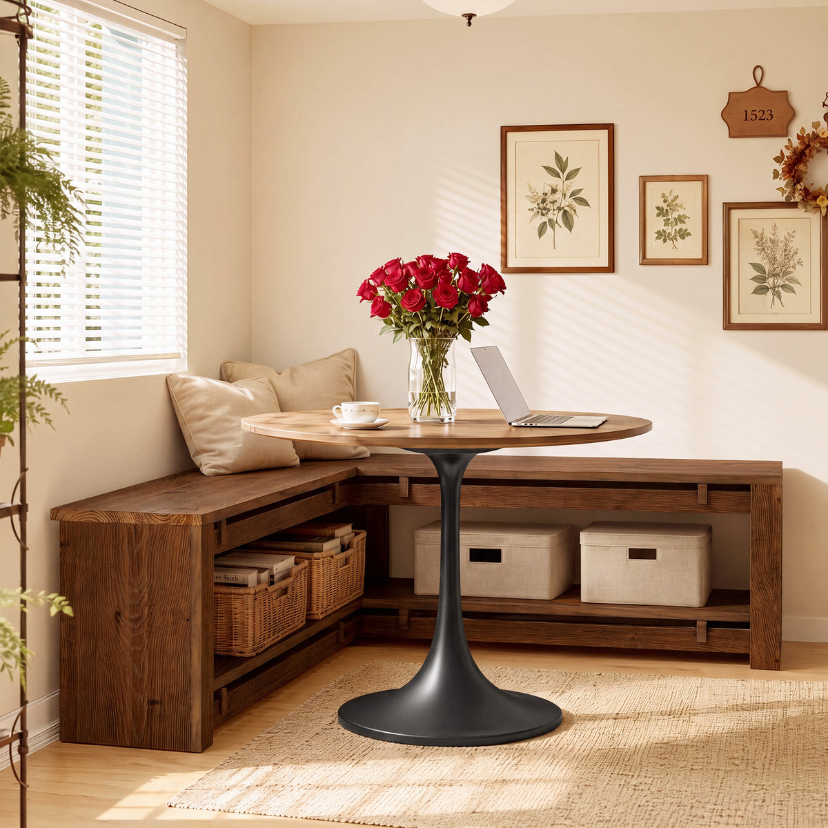 120cm L-Shaped Corner Dining Bench, Rustic Solid Wood with Storage Shelf for Breakfast Nook