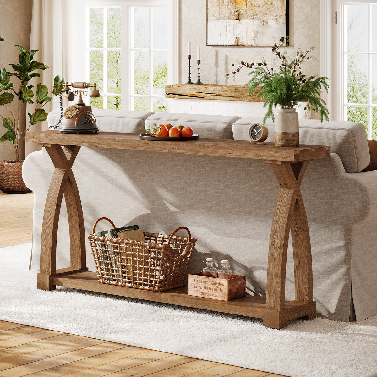160cm Console Table, Narrow Solid Wood 2-Tier for Hallway Living Room