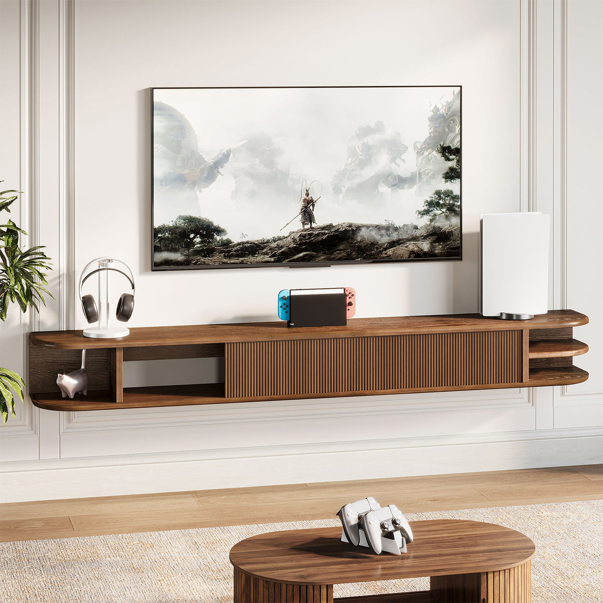 180cm Floating TV Stand, Solid Wood Media Console with Fluted Doors & Cable Management for 50-90" TVs