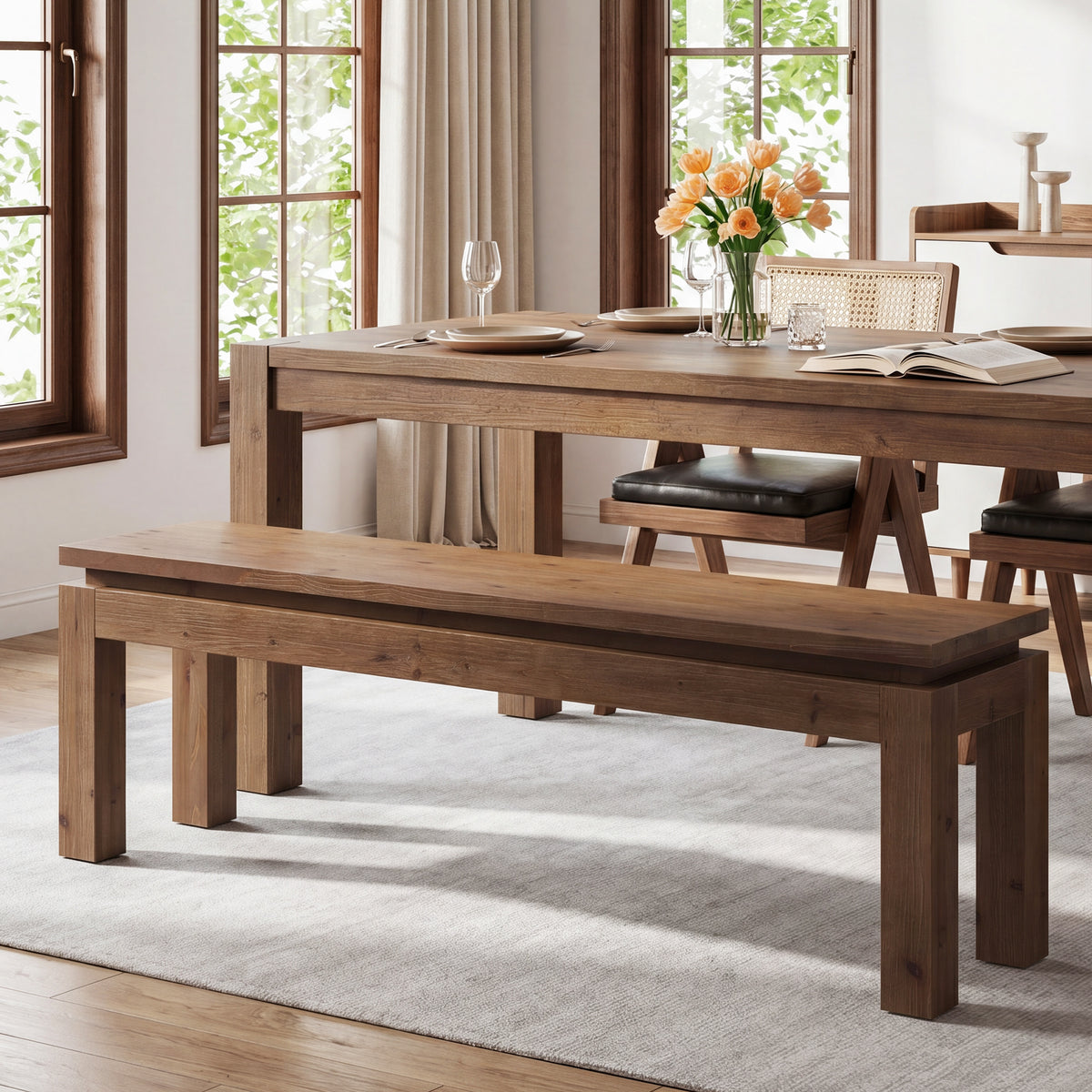 Tribesigns Solid Wood Bench 150 cm, Country-style dining bench with block legs