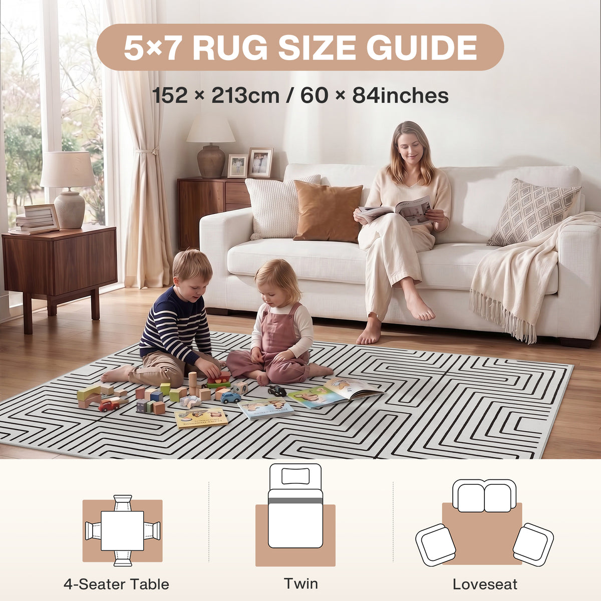 Tribesigns Minimalist Labyrinth Pattern Rug, Modern Geometric Non-Slip Low-Pile Area Rug for Living Room, OEKO-TEX Certified