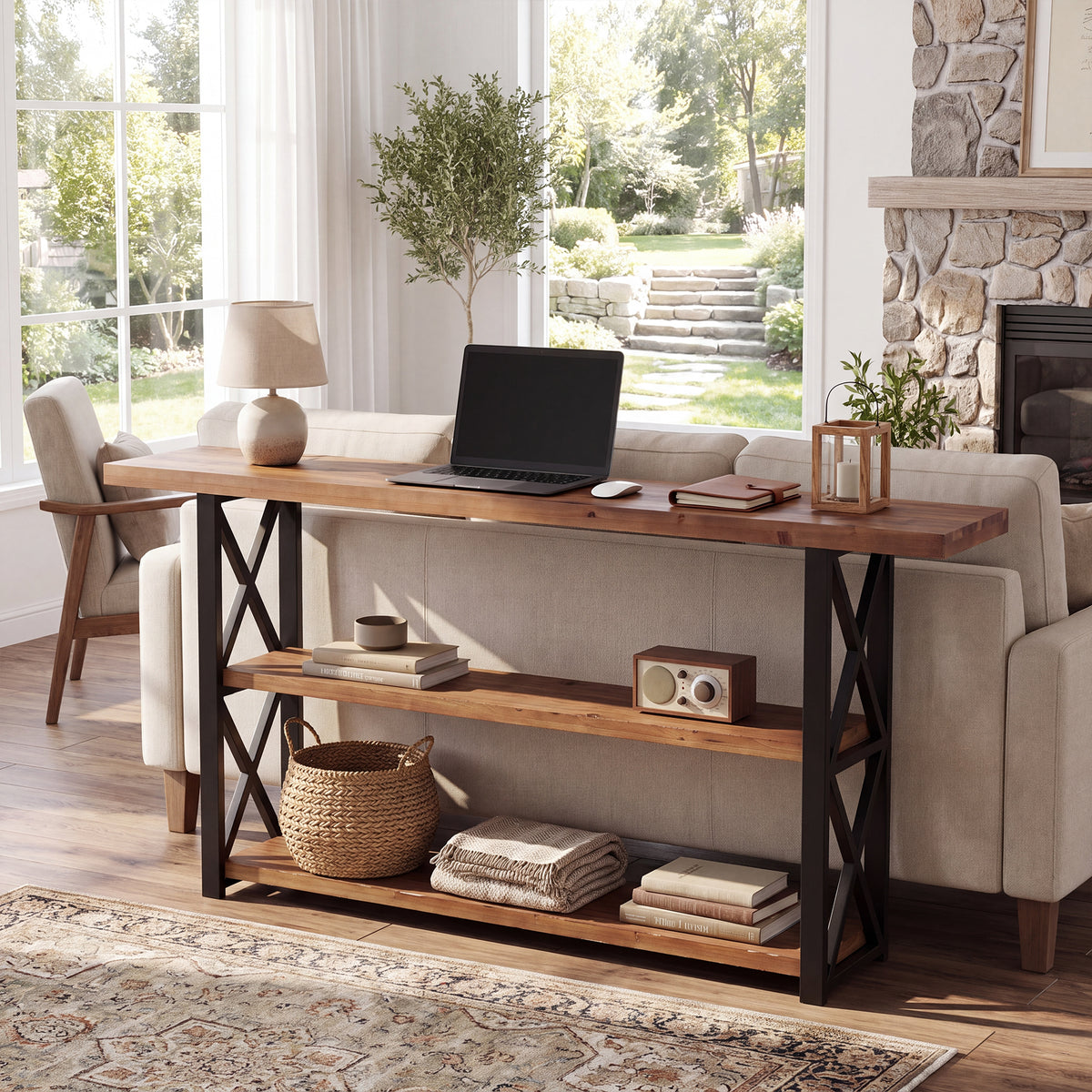 160cm Console Table, 3-Tier Solid Wood Narrow Sofa Table